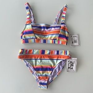 NWT CALIFORNIA SUNSHINE MULTI STRIPE 2 PIECE BATHING SUIT SIZE L SWIMWEAR